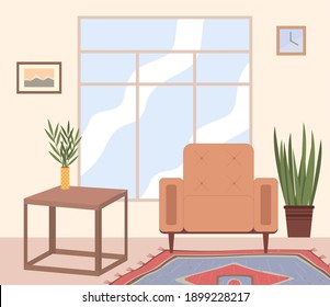 Ilustración plana del interior del hogar. Acogedor lugar de la habitación cerca de una gran ventana con sillón y una pequeña mesa con un jarrón y una planta en una olla. Sala de estar con un lugar para el té y reuniones familiares