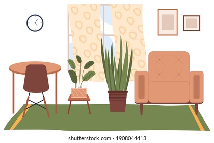 Flat illustration of home interior. Cozy place of the room near window with chairs and table with a plant in a pot. Living room with a place for tea and family gatherings. Dining room furniture