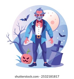 A flat illustration of horror man standing in graveyard