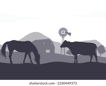 Flat Illustration of Horse and Cow in Farm Live. Silhouette Vector Illustration.