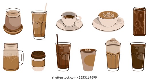 Flat illustration of hot and cold coffee beverage isolated on white background. Different types of drinks set. Americano, cappuccino, espresso mocha, caramel, latte in paper mug and glass.