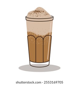 Flat illustration of hot and cold coffee beverage isolated on white background. Different types of drinks set. Americano, cappuccino, espresso mocha, caramel, latte in paper mug and glass.