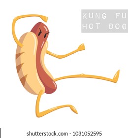 Flat illustration of hot dog doing martial arts kung fu on white background