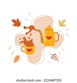Flat illustration of hot tea time for hygge autumn celebration vector illustration isolated on a white background.