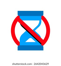 Flat illustration of hourglass crossed with red prohibition sign. No need to wait, instant access, or fast service. for apps, websites, user interface alerts, and time related messages