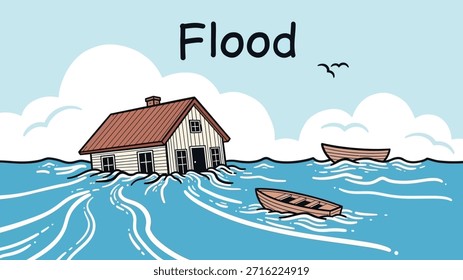 Ilustração plana de casa inundada por água representando desastre de inundação e impacto climático.