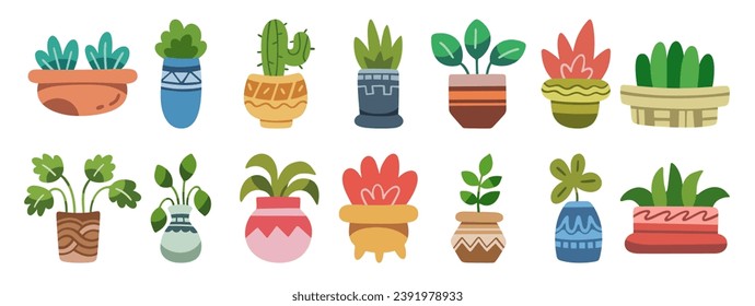 Flat illustration of house plants set. Plant in pots isolated on white background.