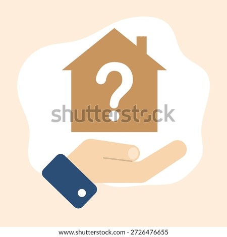 A flat illustration of a house with a question mark symbolizing housing questions, real estate inquiries, property support, home help services, guidance, and informational concepts.