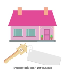 Flat illustration of a house for sale, rental of living space. A country house and a key with  tag. Vector illustration for your creativity