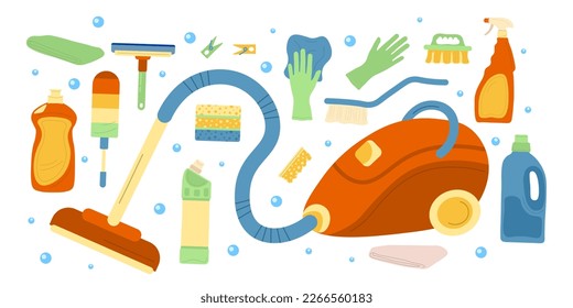 Flat illustration of housekeeping products for clean services and spring home cleaning. Vacuume cleaner and brushes around