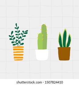 Flat illustration houseplant group in pot on grey tile background