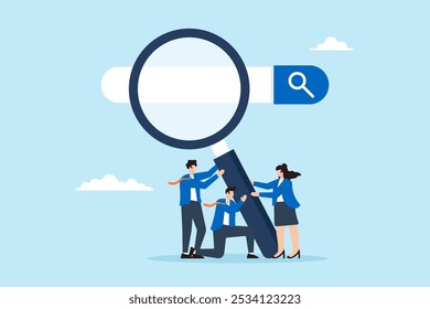 Flat illustration of HR business people hold magnifying glass on search bar discovering job opportunities