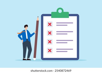 Flat illustration of HR manager hold pencil with cross mark on business checklist clipboard task failed