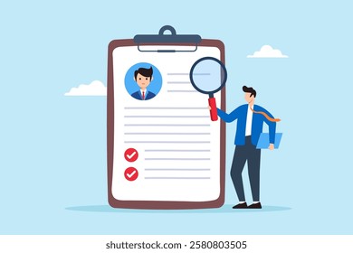 Flat illustration of HR professional examine resume with magnifier symbolizing recruitment and hiring process