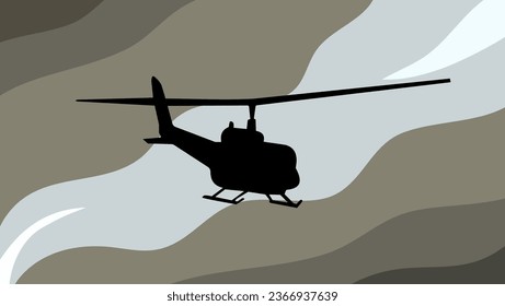 Flat illustration of a Huey helicopter flying through the smoke of war