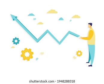 Flat illustration of huge red line graph with an upturned arrow growing from a businessman hands generating success. Beautiful illustration with blue and yellow. Business and finance concepts.
