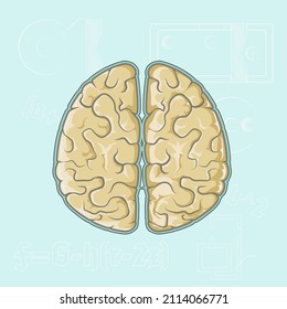 ilustración plana. cerebro humano en un corte con dibujos y fórmulas en un fondo azul.