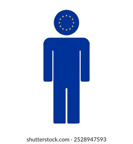 Flache Abbildung einer menschlichen Figur mit der Flagge der EU als Kopf. Minimalistisches Design, isolierter Hintergrund.