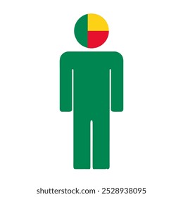 Flat illustration of a human figure with the national flag of Benin as the head. Minimalistic design, isolated background.