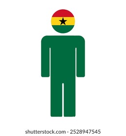 Flache Illustration einer menschlichen Figur mit der Nationalflagge von Ghana als Kopf. Minimalistisches Design, isolierter Hintergrund.