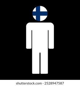 Ilustración plana de una figura humana con la bandera nacional de Finlandia como cabeza. Diseño minimalista, fondo aislado.