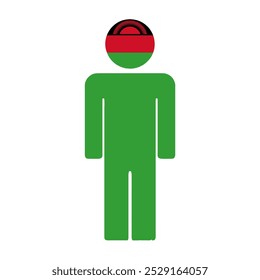 Flat illustration of a human figure with the national flag of Malawi as the head. Minimalistic design, isolated background.
