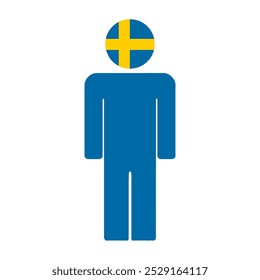 Flat illustration of a human figure with the national flag of Sweden as the head. Minimalistic design, isolated background.