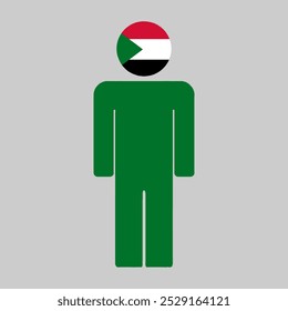 Flat illustration of a human figure with the national flag of Sudan as the head. Minimalistic design, isolated background.