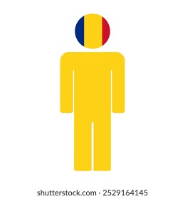 Flat illustration of a human figure with the national flag of Romania as the head. Minimalistic design, isolated background.