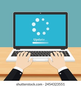 Flat illustration of human hand using laptop with update loading process on screen