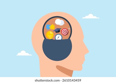 Flat illustration of human head brain with skill symbol symbolizing learning and upskilling for success
