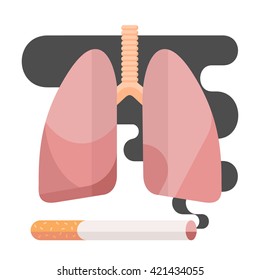 Flat illustration of human lungs and cigarette smoke. concept of risk of healthdue to nicotine smoke, vector