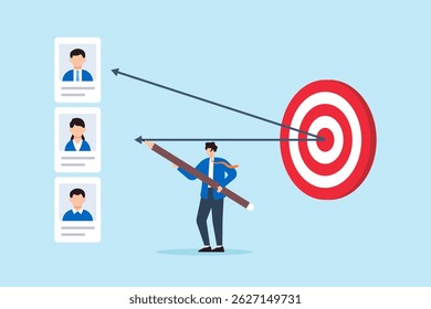 Flat illustration of human resource manager aiming arrows from candidate profiles toward target board to represent job interview selection and recruitment focus