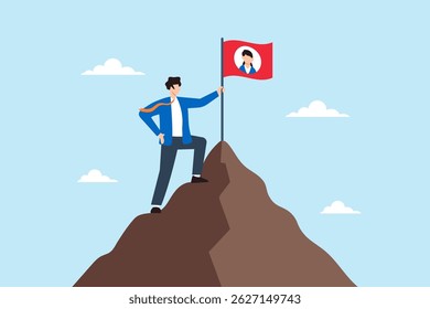 Ilustração plana do gerente de recursos humanos plantando a bandeira do candidato final no pico da montanha para simbolizar a contratação bem-sucedida após a avaliação da entrevista