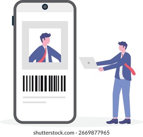 Flache Illustration des Personalmanagers, der Barcodes von Kandidaten durchsucht, bevor er als Teil des automatisierten Einstellungs- und Onboarding-Überprüfungsprozesses das HR-Gateway eingibt

