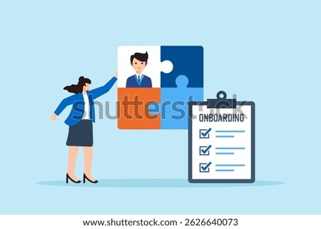 Flat illustration of human resource manager fitting candidate puzzle piece into team structure with onboarding checklist for recruitment process and new hire integration