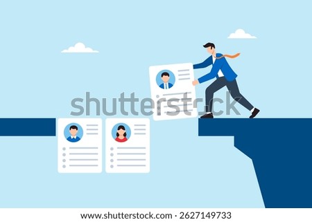 Flat illustration of human resource manager building bridge using candidate resumes to connect recruitment and onboarding process in HR workflow