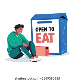 A flat illustration of a hungry character with a box written open to eat 