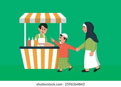 Flat Illustration of Hunting Iftar Takjil to Break Fast at Ramadan Bazaar Background