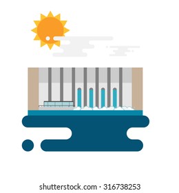 Flat illustration of a hydroelectric dam generating power and electricity with falling water, sun and clouds. Flat style vector with blank background.