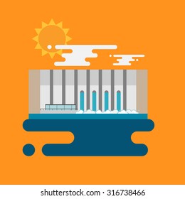 Flat illustration of a hydroelectric dam generating power and electricity with falling water, sun and clouds. Flat style vector with orange background.