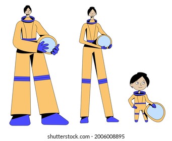 Flat illustration of hyperbolized astronauts girls with helmets in hands