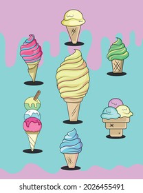 FLAT ILLUSTRATION ICE CREAM WITH CONE FOR ORNAMENT, DECORATION, DOODLE, AND ATRIBUTE POSTER