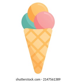 Flat illustration of ice cream cone with three balls