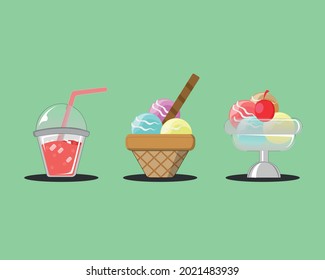 FLAT ILLUSTRATION ICE CREAM AND ICE DRINK FOR DECORATION, COMPONENT, ELEMENT AND DOODLE STIKER