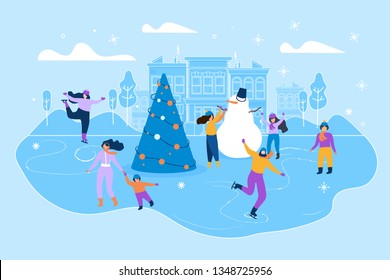 Flat Illustration Ice Rink on Big City Street. Vector Illustration on Blue Background. Adults and Children Happy Ice Skate on Street against Background Urban Buildings Snowflakes are Falling.