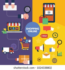 Flat illustration icon design set of shopping online concepts, user flow of purchase and payment on digital market mobile and desktop. Vector illustration. isolated on color background
