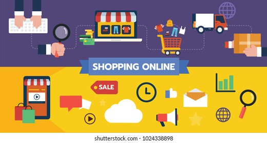 Flat illustration icon design set of shopping online concepts, user flow of purchase and payment on digital market mobile and desktop. Vector illustration. isolated on color background