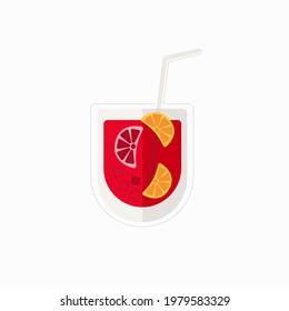 Flat illustration icon of a negroni cocktail, fruit juice in a glass glass with orange and grapefruit slices, a straw. For menu, food illustrations