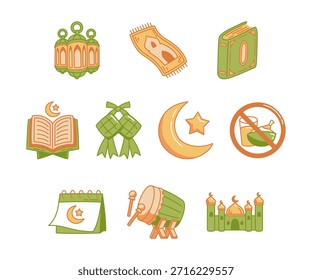 A flat illustration icon set featuring key elements of Ramadan and Eid al-Fitr, including a prayer rug, Quran book, mosque, crescent moon, lantern, Islamic calendar, fasting sign indicating no eating and drinking, traditional ketupat food, and a bedug drum. The icons are designed in a clean, minimal style with consistent perspective, suitable for religious education materials, holiday promotions, posters, websites, mobile applications, and visual communication related to Muslim worship, fasting practices, and cultural celebrations during the holy month.